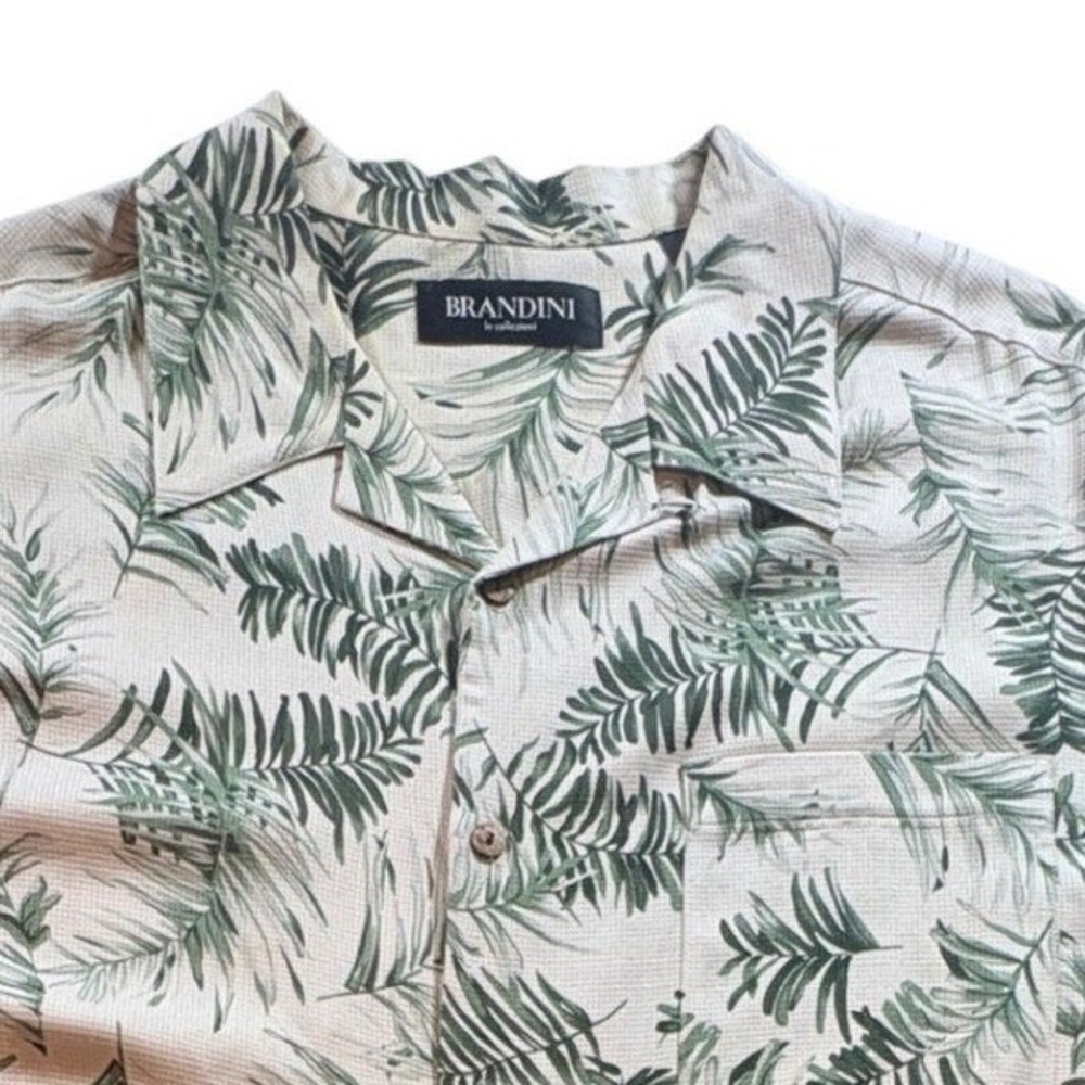 Brandini Silk Hawaiian Shirt Mens XL Tall Tropical Palm Leaf Camp Button Down
